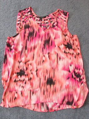 NWOT Zac & Rachel Large Pink Black Longer Tank Top Chiffon Braided Back/Shoulder